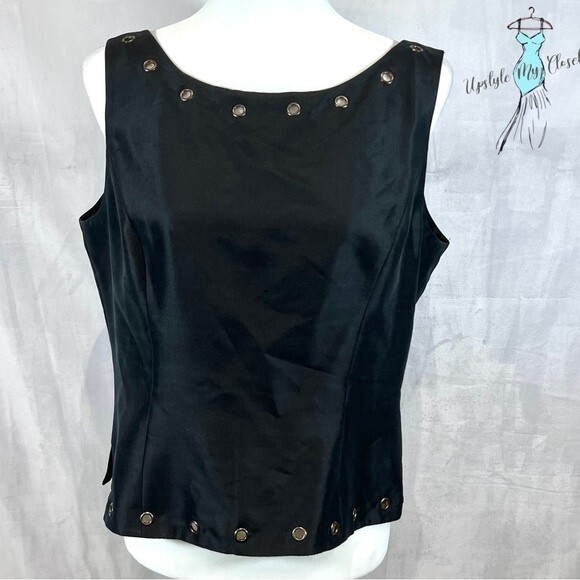 Vintage Papell black silk grommet lined vback top size 14P - Picture 1 of 5